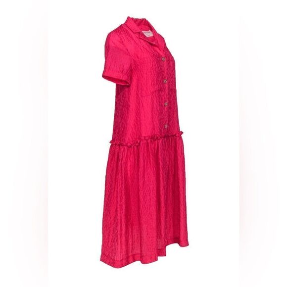 Anthropologie Exquise Deep Raspberry Pink Drop Waist Button-Front Mid Dress - Picture 8 of 9